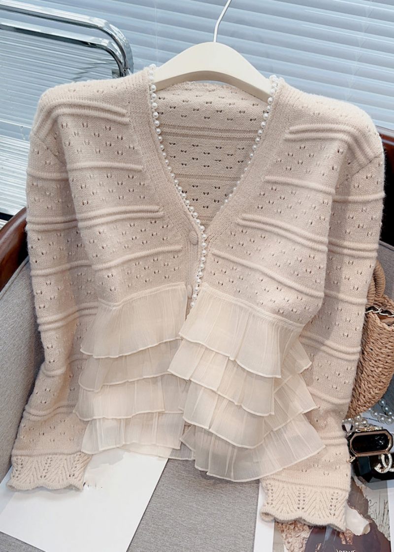 Ny Ljus Khaki Ruffled Pearl Patchwork Stickad Cardigan Spring