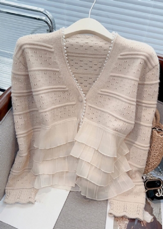 Ny Ljus Khaki Ruffled Pearl Patchwork Stickad Cardigan Spring