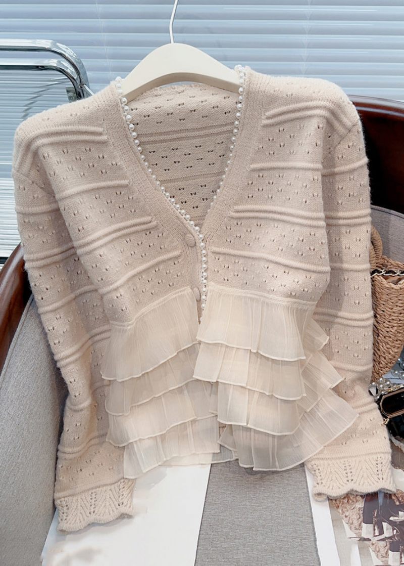 Ny Ljus Khaki Ruffled Pearl Patchwork Stickad Cardigan Spring - Koftor för kvinnor