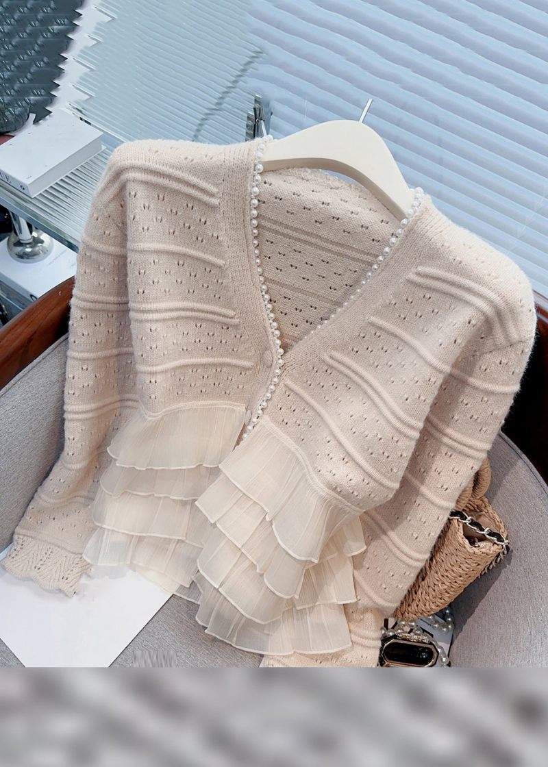 Ny Ljus Khaki Ruffled Pearl Patchwork Stickad Cardigan Spring - Koftor för kvinnor