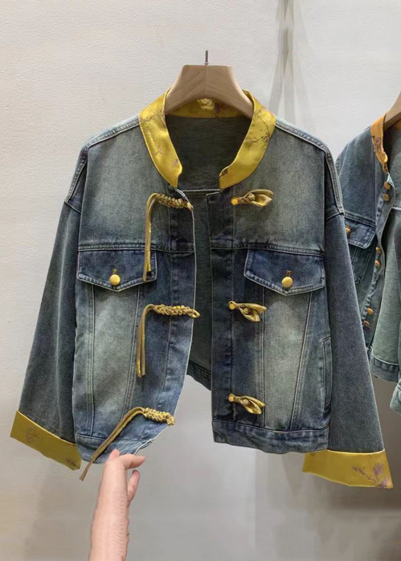 Ny Mörkblå Kinesisk Knapp Patchwork Jeansskjorta Långärmad - Vinterkappor för kvinnor