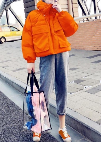 Ny Orange Kappa Med Ankdun Plus Size Kläder Damparka Ställkrage Stora Fickor Fina Kappor