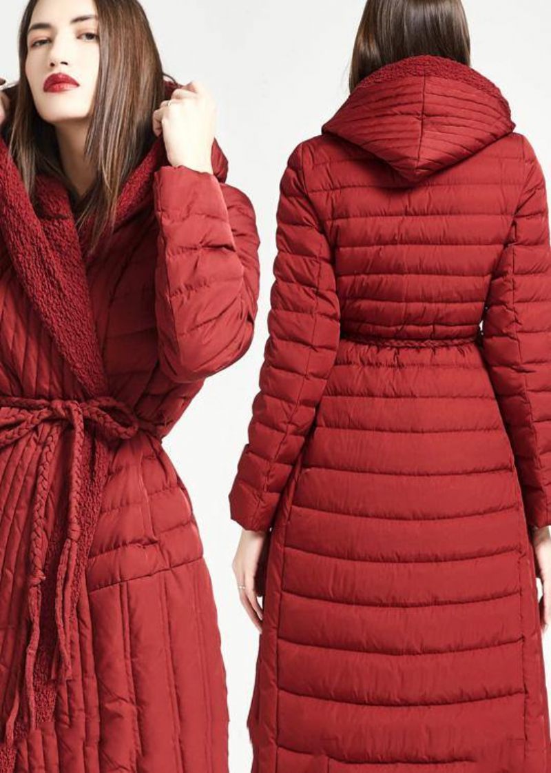 Ny Plus Size Dam Parkas Tie Midja Jackor Röd Huva Asymmetrisk Fåll Ankdun Kappa - Dunjackor för kvinnor