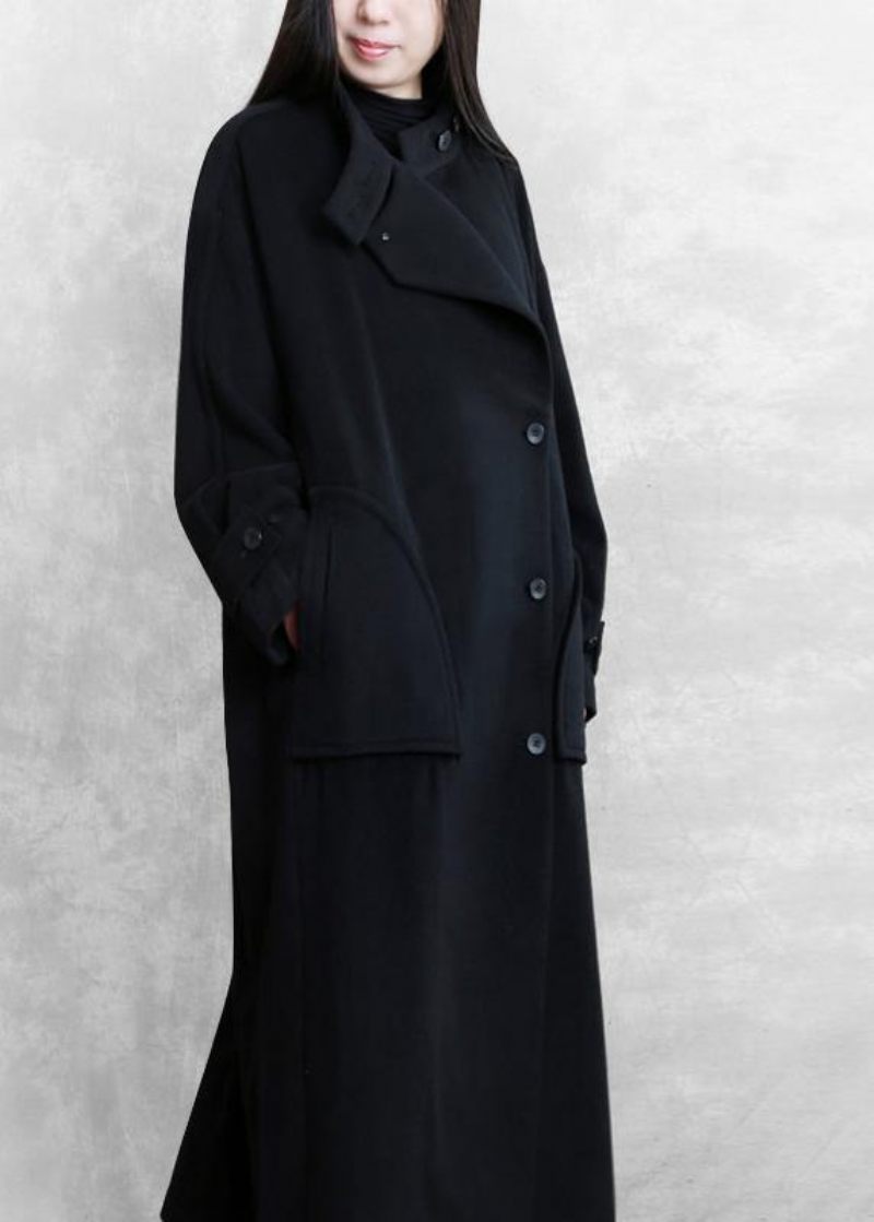 Ny Plus Size Lång Vinterkappa Svarta Fickor Button Down Yllerockar Dam - Trenchcoats för kvinnor