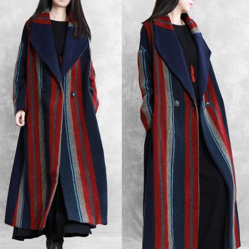 Ny Plus Size Maxi Kappa Blå Röd Randig Naggad Midja Ulljackor - Trenchcoats för kvinnor