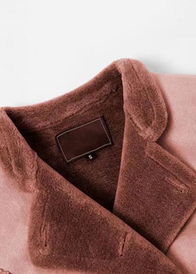 Ny Rosa Stativ Krage Fickor Knyt Midja Fleece Ull Fodrad Trench Vinter - Vinterkappor för kvinnor