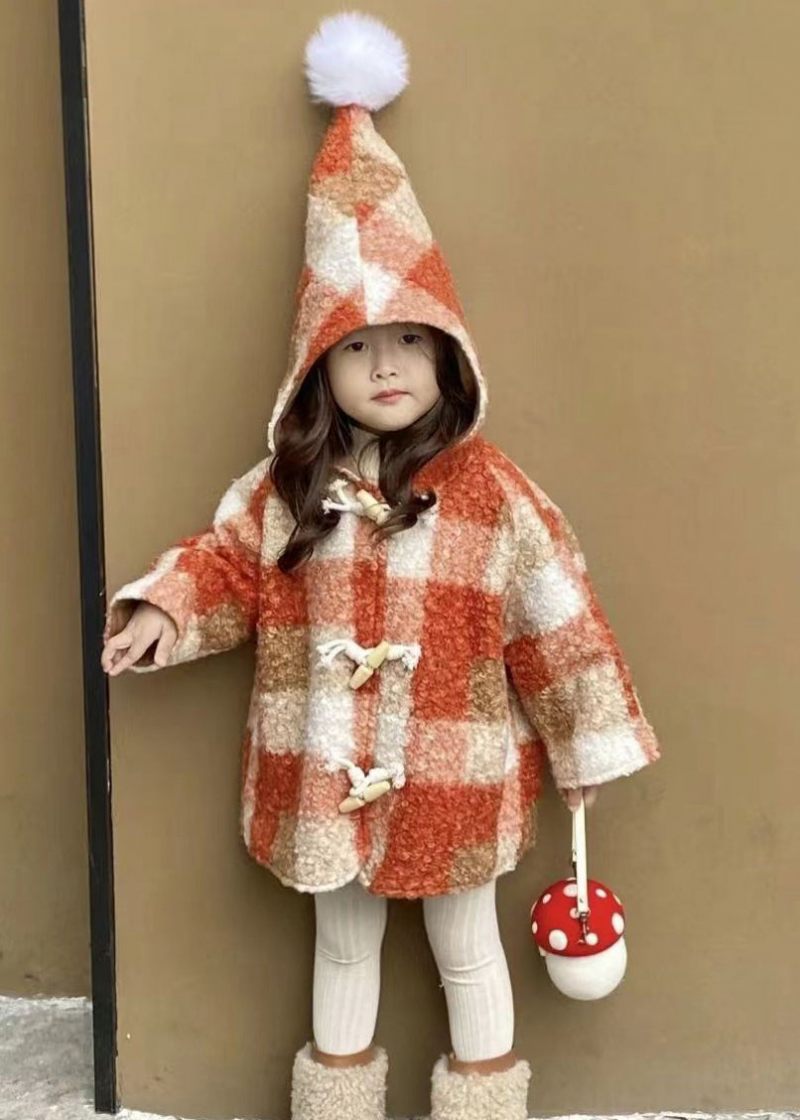 Ny Rutig Hooded Button Woolen Girl Coat Långärmad - Ullrockar för kvinnor