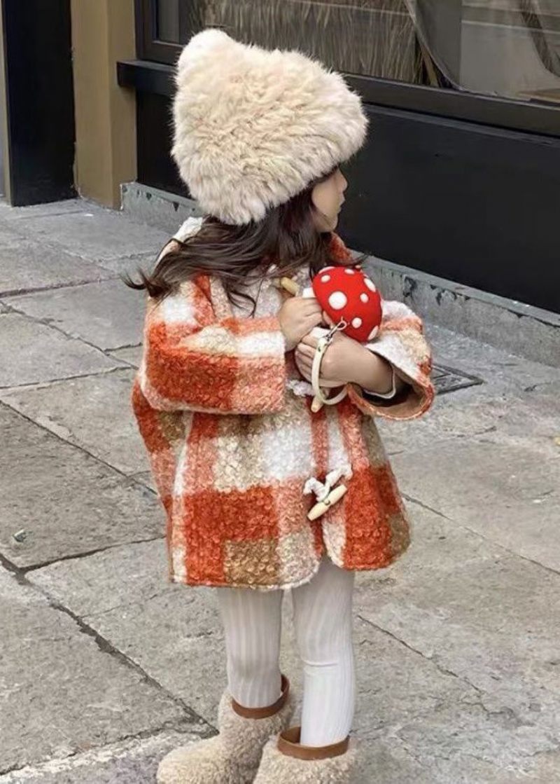 Ny Rutig Hooded Button Woolen Girl Coat Långärmad - Ullrockar för kvinnor