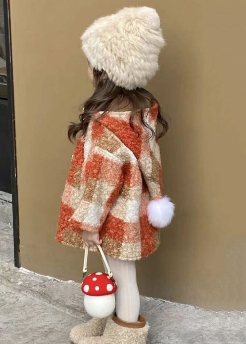 Ny Rutig Hooded Button Woolen Girl Coat Långärmad - Ullrockar för kvinnor