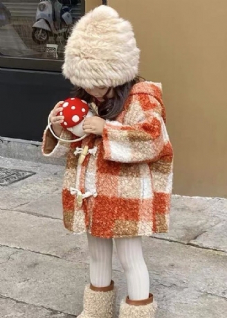 Ny Rutig Hooded Button Woolen Girl Coat Långärmad