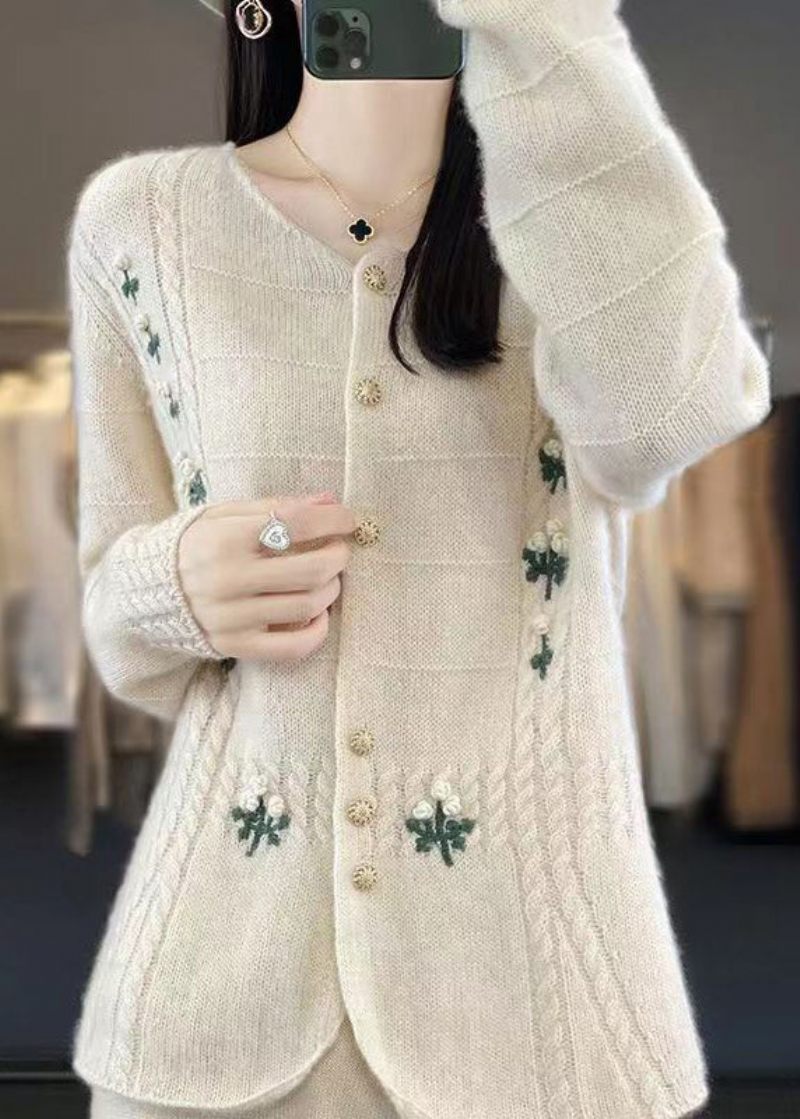 Nya Beige Broderade Knapppatchwork Kashmirstickade Kappor Höst - Koftor för kvinnor