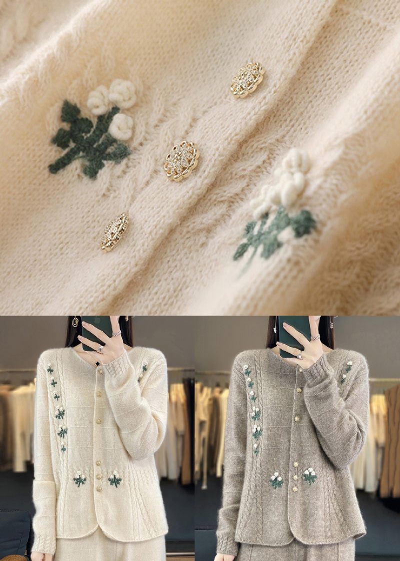 Nya Beige Broderade Knapppatchwork Kashmirstickade Kappor Höst - Koftor för kvinnor