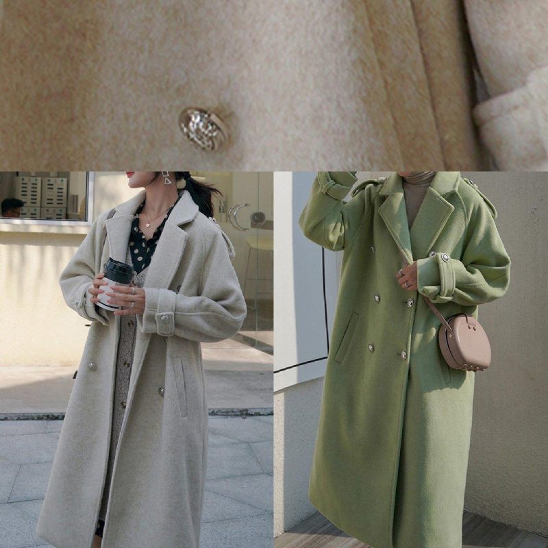 Nya Beige Ytterkläder I Plus Size Kläder Maxi Kappa Rygg Öppen Ylle Dubbel Bröst - Trenchcoats för kvinnor