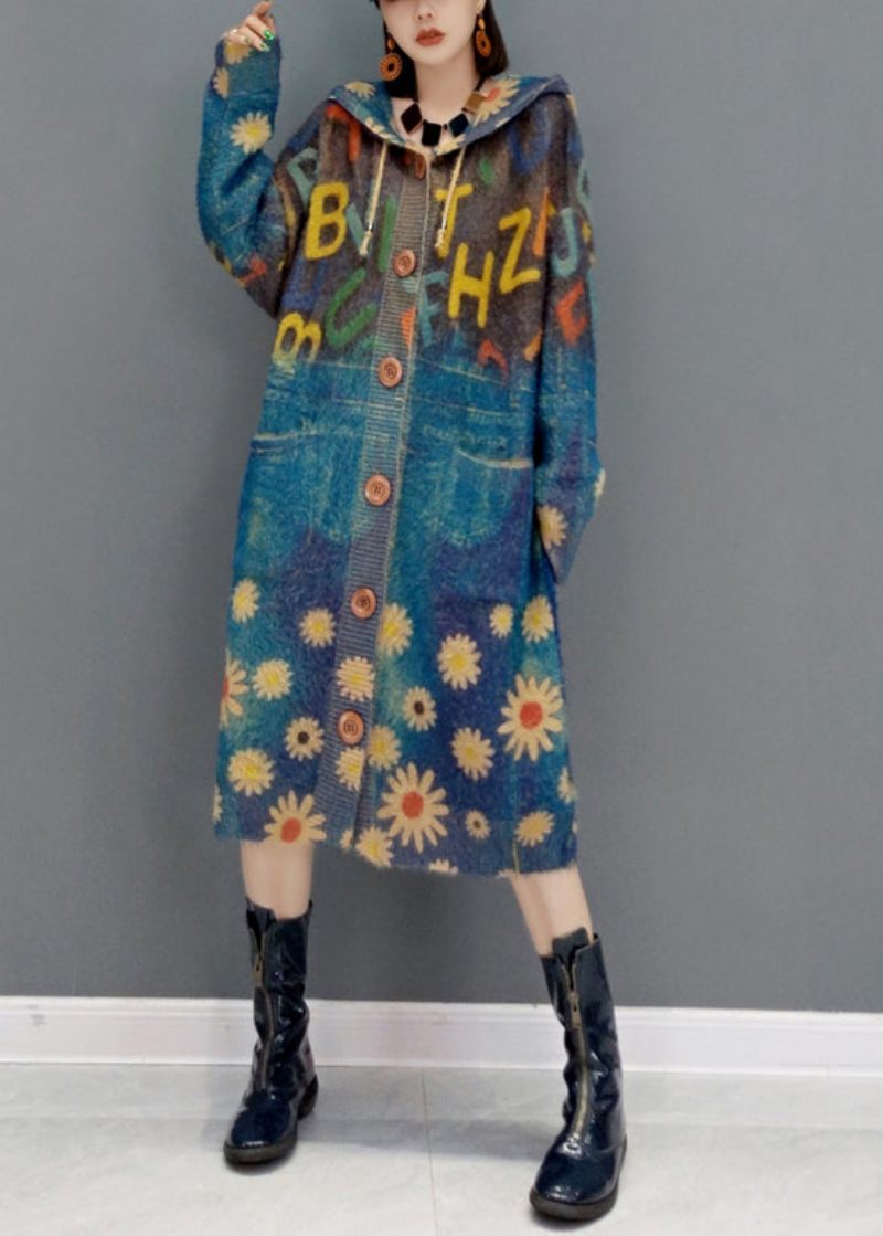 Nya Blåa Hooded Pockets Print Knit Sweater Coat Winter