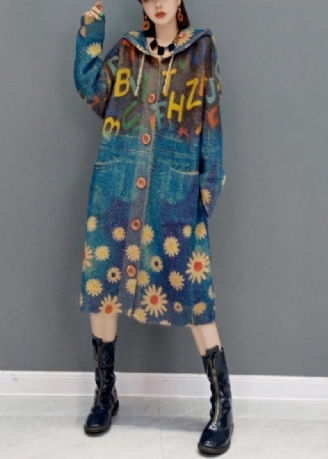 Nya Blåa Hooded Pockets Print Knit Sweater Coat Winter