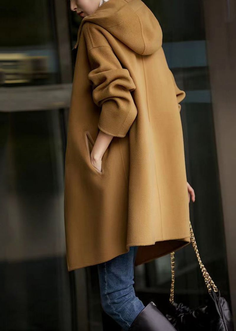 Nya Camel Hooded Button Fickor Woolen Long Coat Fall - Ullrockar för kvinnor