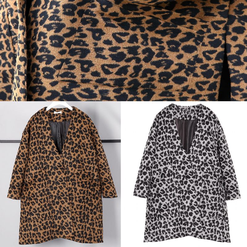 Nya Grå Leopardrockar Plus Size V-halsfickor Vinterkappa 2024 Sidoöppen Kappa - Grå Leopard