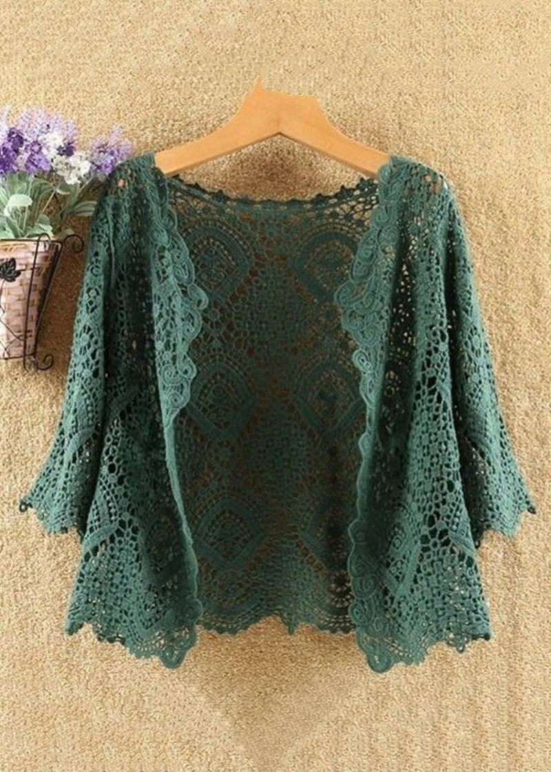 Nya Green Hollow Out Solid Cotton Stickad Cardigans Summer