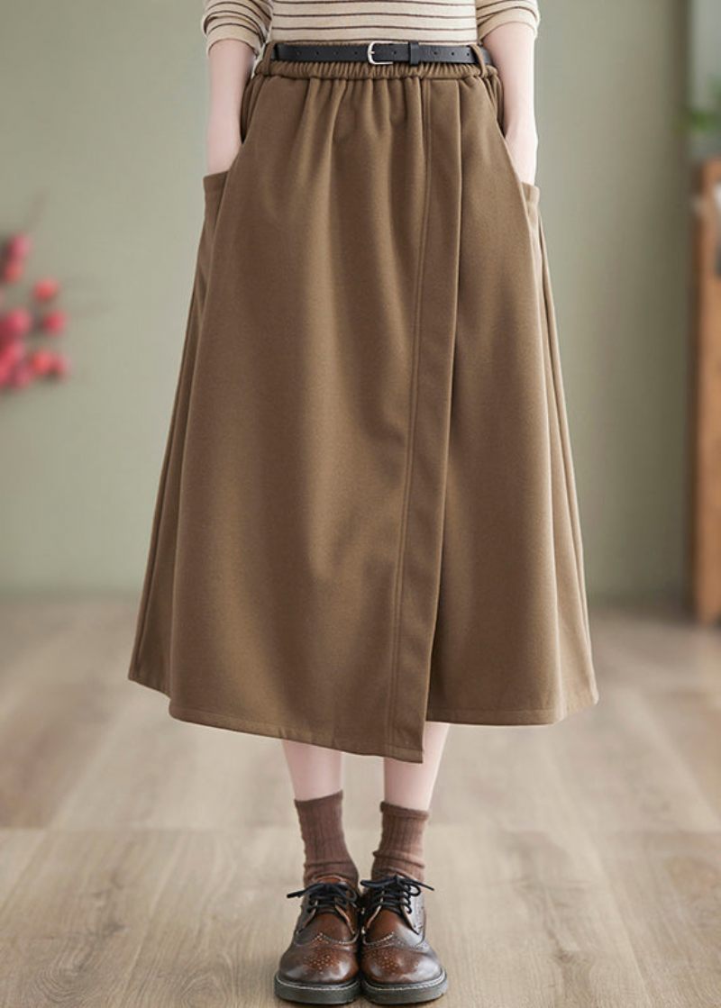 Nya Khaki Fickor Elastisk Midja Ylle Kjolar Spring