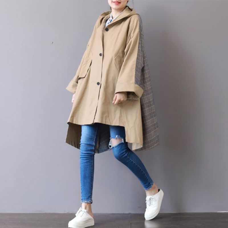 Nya Khaki Kappor Plus Size Huva Låg Hög Design Kappa Boutique Patchwork Vinter Trenchcoat - Trenchcoats för kvinnor