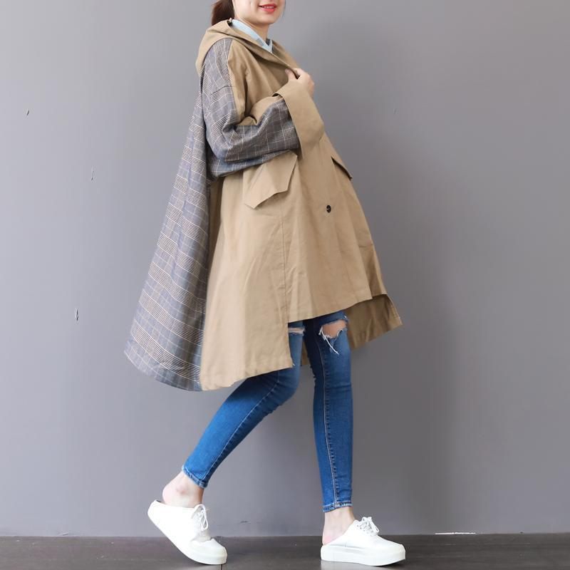 Nya Khaki Kappor Plus Size Huva Låg Hög Design Kappa Boutique Patchwork Vinter Trenchcoat - Trenchcoats för kvinnor