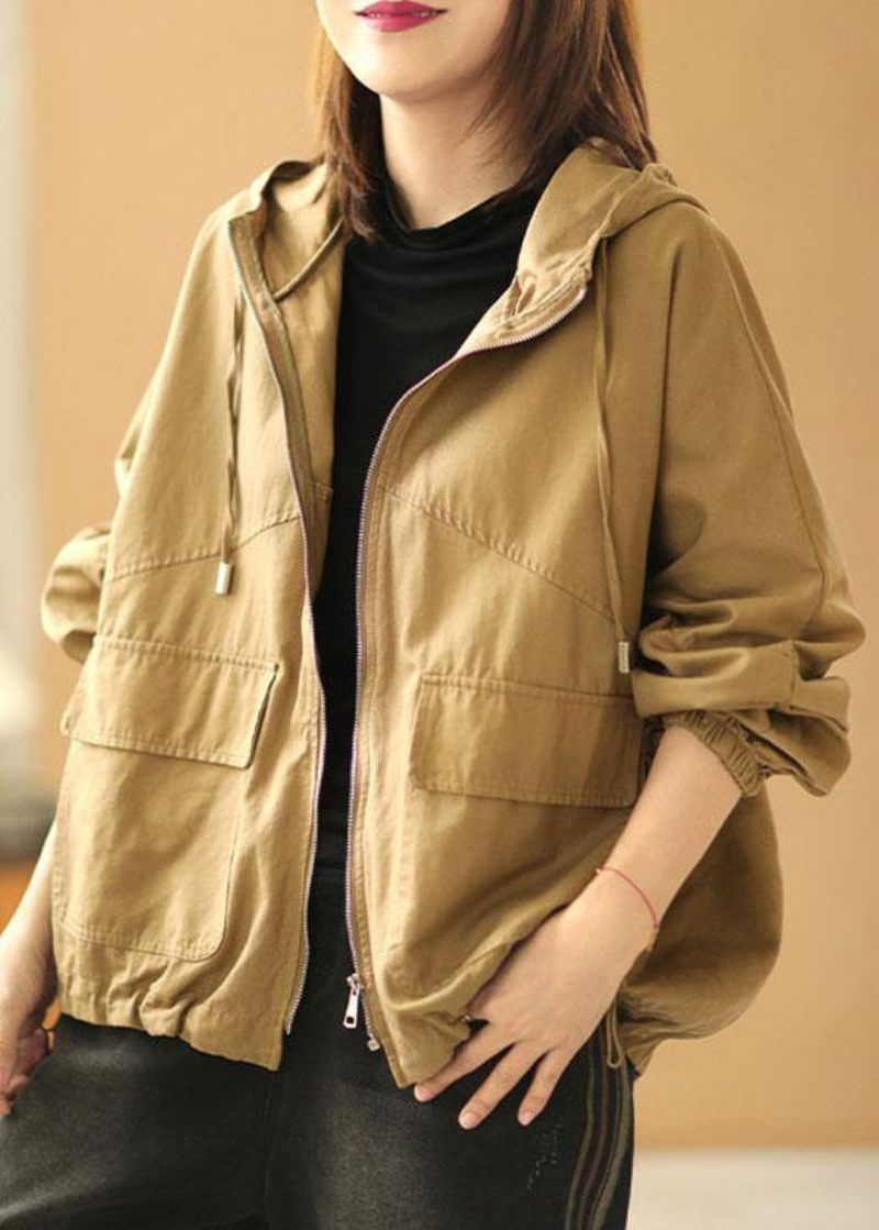 Nya Khaki Loose Hooded Pockets Fall Långärmad Coat