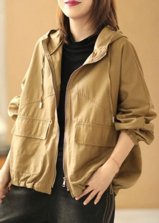 Nya Khaki Loose Hooded Pockets Fall Långärmad Coat