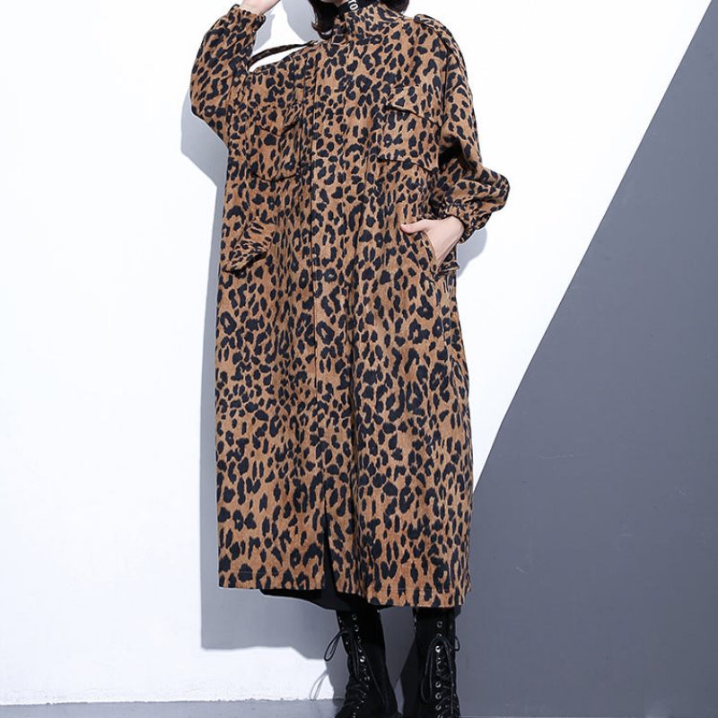 Nya Leopardrockar Plus Size-kläder Stativ Trenchcoat Med Dragkedja För Kvinnor Långärmade Fickor Baggy Bomullsblandning Kappa