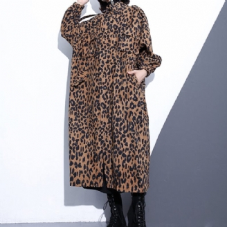 Nya Leopardrockar Plus Size-kläder Stativ Trenchcoat Med Dragkedja För Kvinnor Långärmade Fickor Baggy Bomullsblandning Kappa