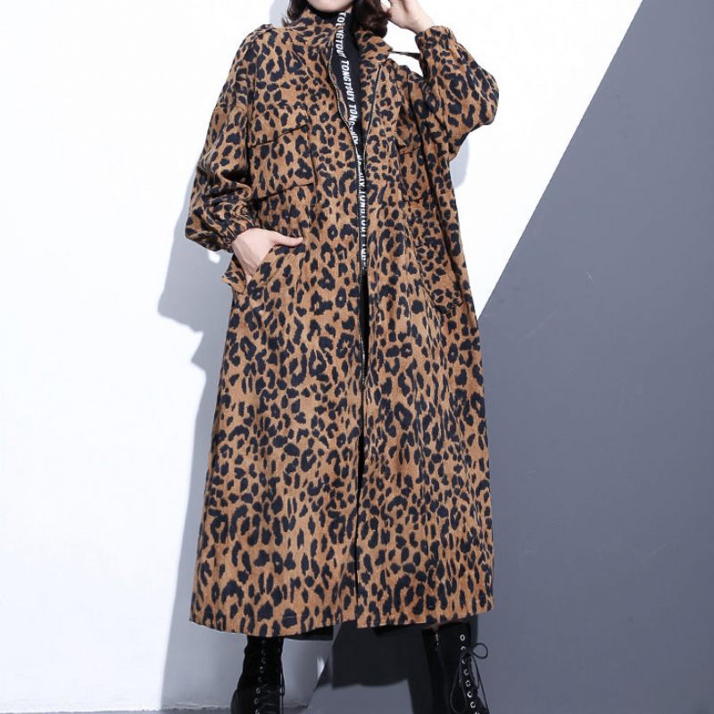 Nya Leopardrockar Plus Size-kläder Stativ Trenchcoat Med Dragkedja För Kvinnor Långärmade Fickor Baggy Bomullsblandning Kappa - Leopard