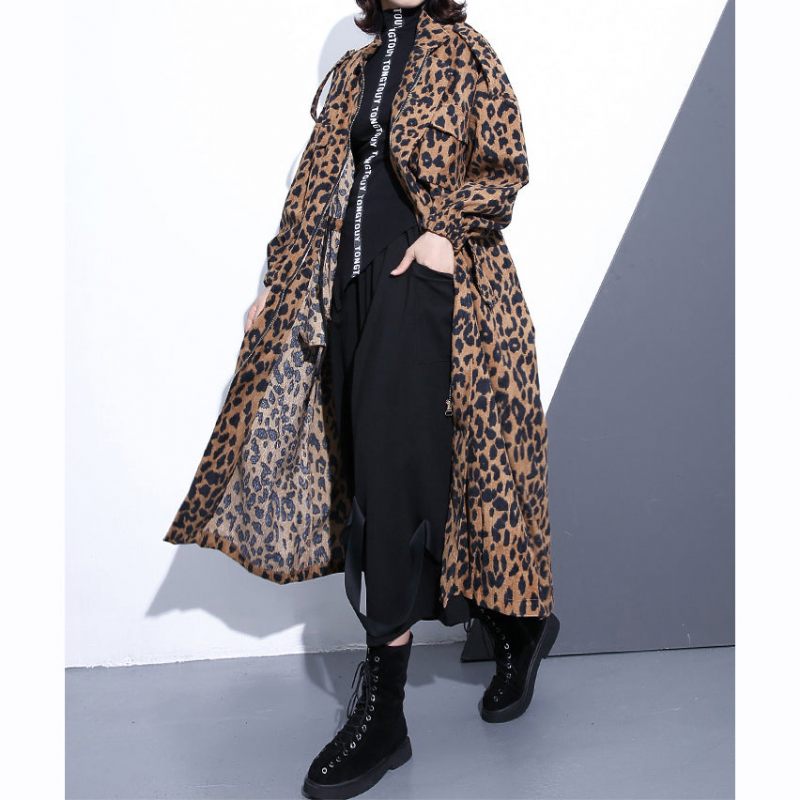 Nya Leopardrockar Plus Size-kläder Stativ Trenchcoat Med Dragkedja För Kvinnor Långärmade Fickor Baggy Bomullsblandning Kappa - Leopard