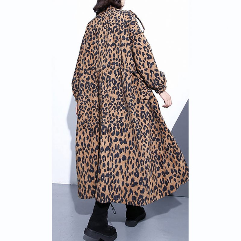 Nya Leopardrockar Plus Size-kläder Stativ Trenchcoat Med Dragkedja För Kvinnor Långärmade Fickor Baggy Bomullsblandning Kappa - Leopard