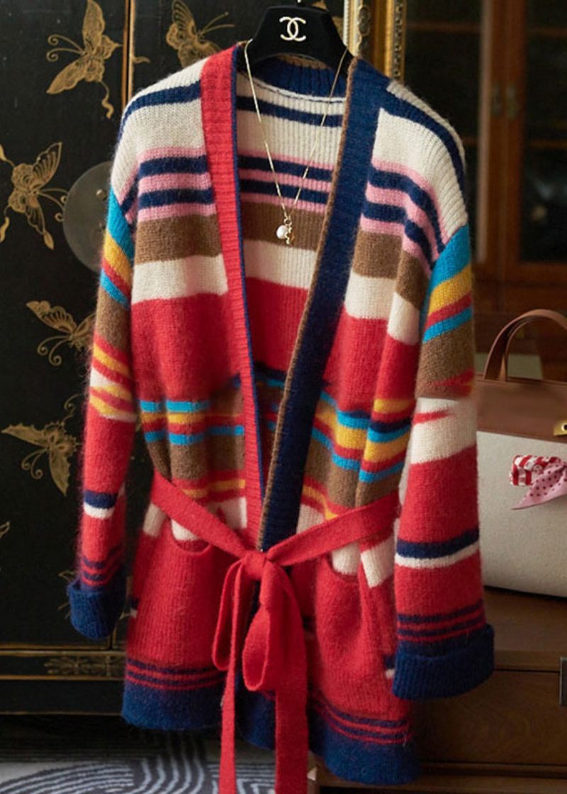 Nya Randiga Midjefickor Patchwork Knit Cardigan Fall