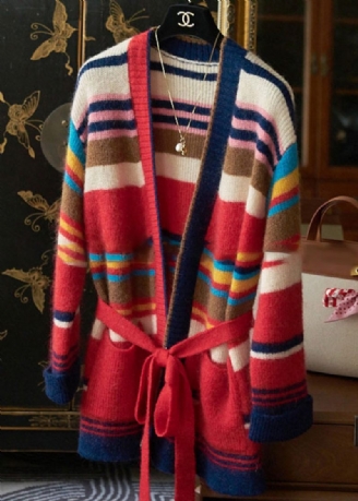 Nya Randiga Midjefickor Patchwork Knit Cardigan Fall