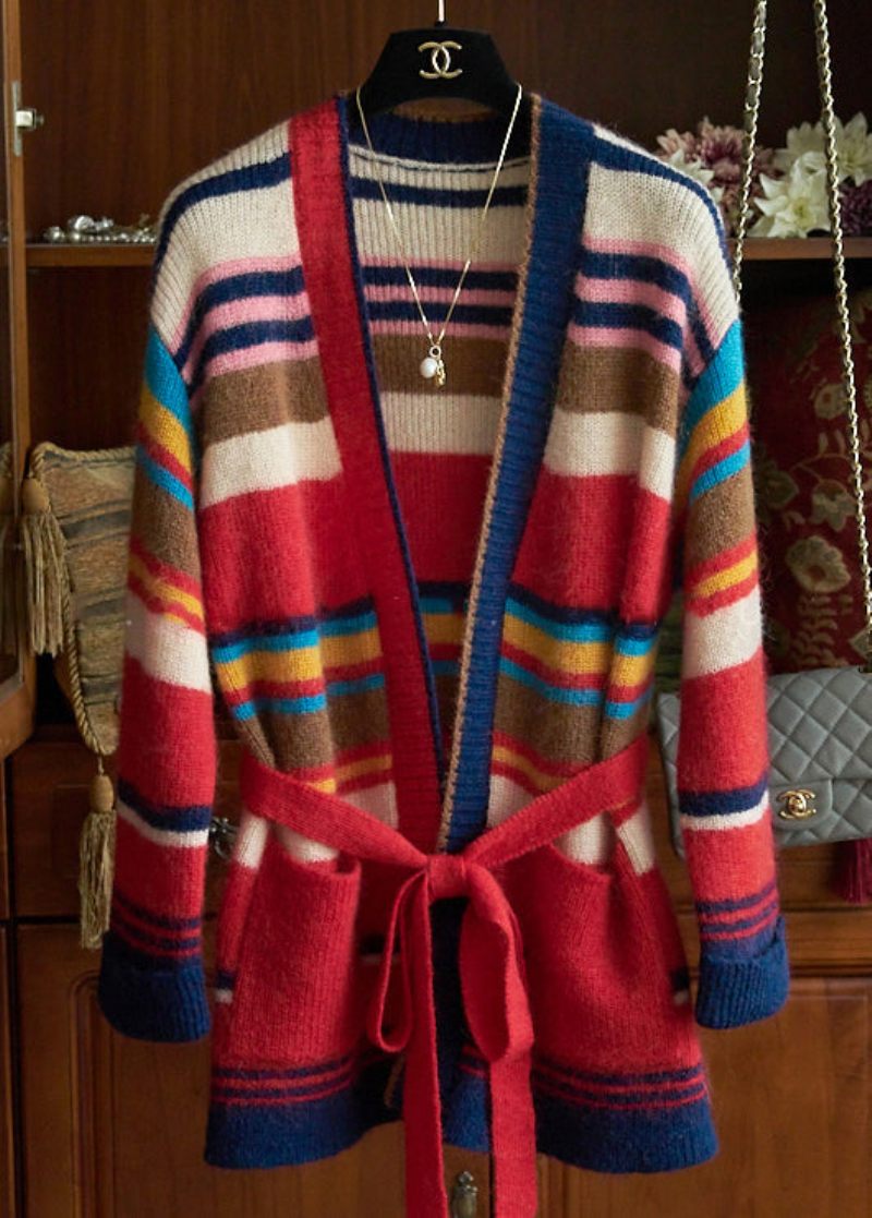 Nya Randiga Midjefickor Patchwork Knit Cardigan Fall - Koftor för kvinnor