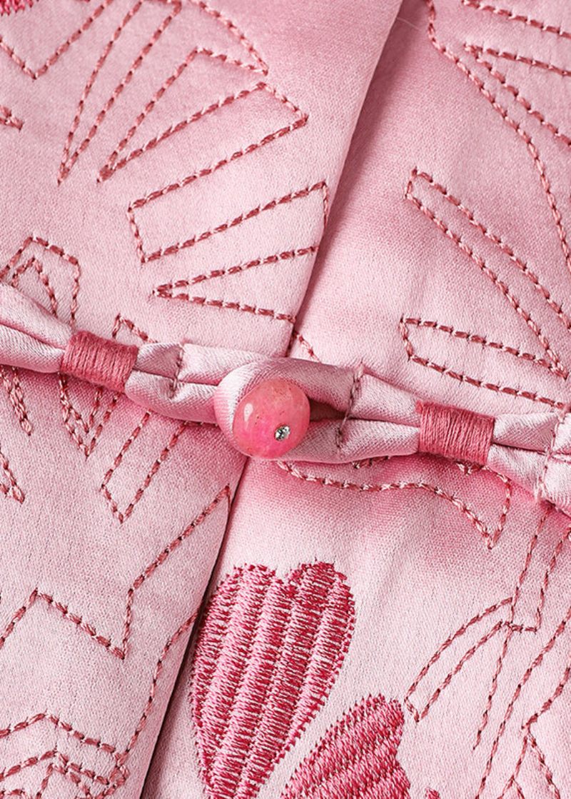 Nya Rosa Broderade Knapppatchwork Sidenrockar Höst - Vinterkappor för kvinnor