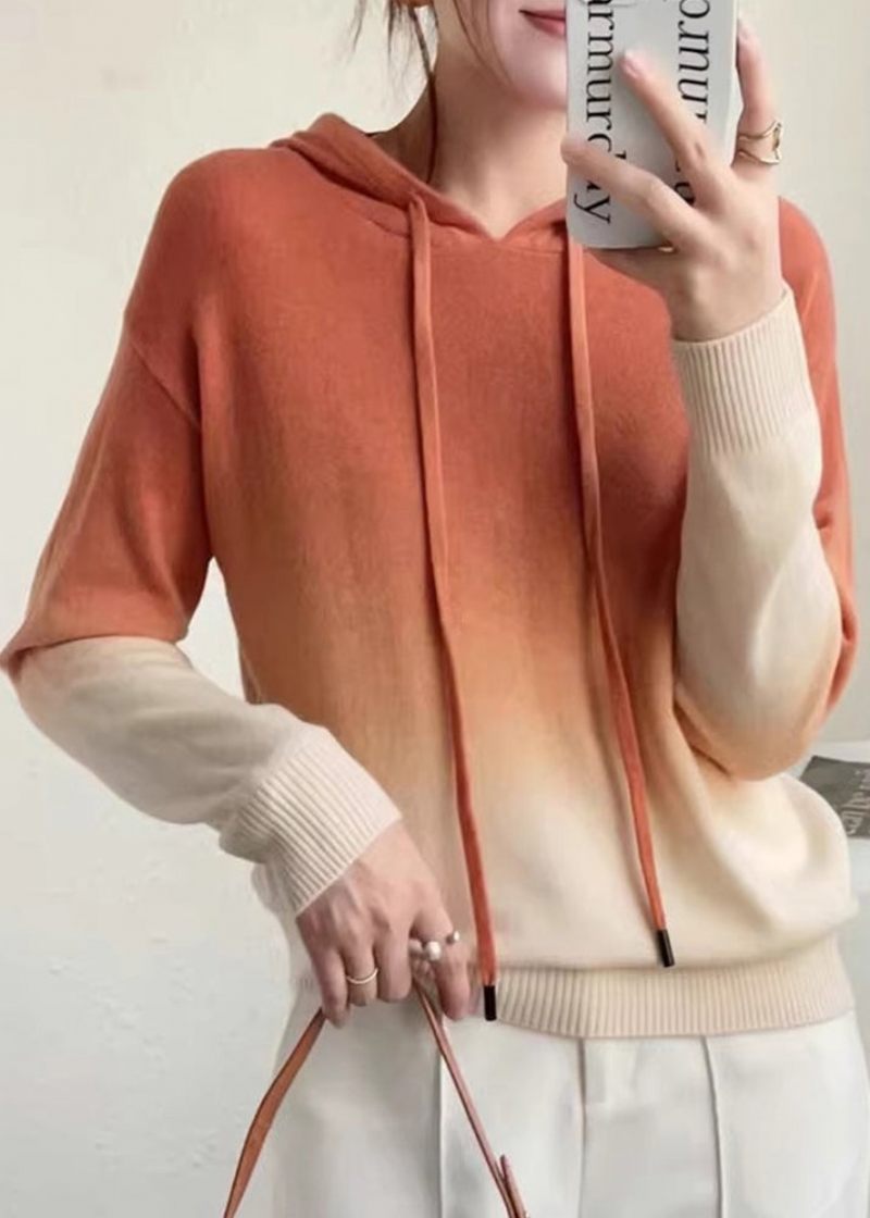 Nya Rose Gradient Color Hooded Patchwork Ull Stickade Tröjor Höst - Ullrockar för kvinnor