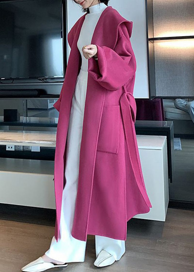 Nya Rose Hooded Fickor Tie Midja Woolen Long Coat Spring - Ullrockar för kvinnor