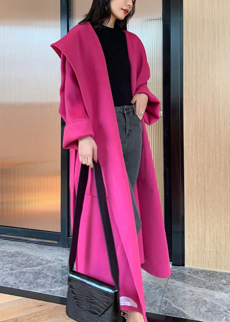 Nya Rose Hooded Fickor Tie Midja Woolen Long Coat Spring - Ullrockar för kvinnor