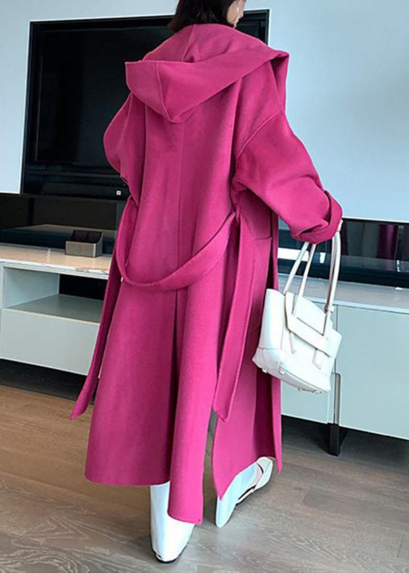 Nya Rose Hooded Fickor Tie Midja Woolen Long Coat Spring - Ullrockar för kvinnor