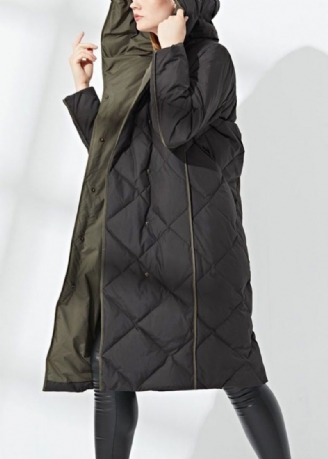 Nya Svarta Hooded Button Fickor Duck Down Coat Winter