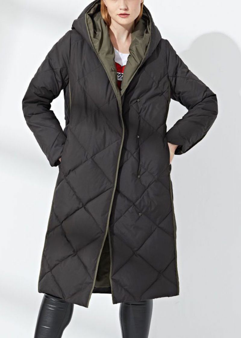 Nya Svarta Hooded Button Fickor Duck Down Coat Winter - Dunjackor för kvinnor