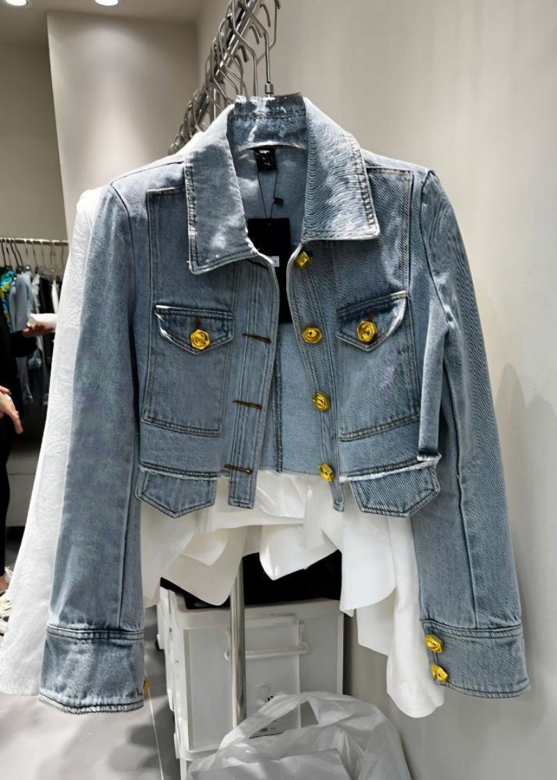 Nyhet Denim Blå Peter Pan Krage Patchwork Button Coats Långärmad