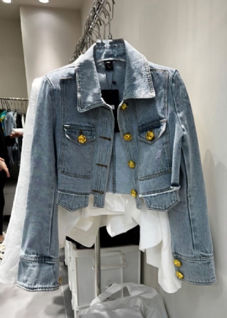 Nyhet Denim Blå Peter Pan Krage Patchwork Button Coats Långärmad