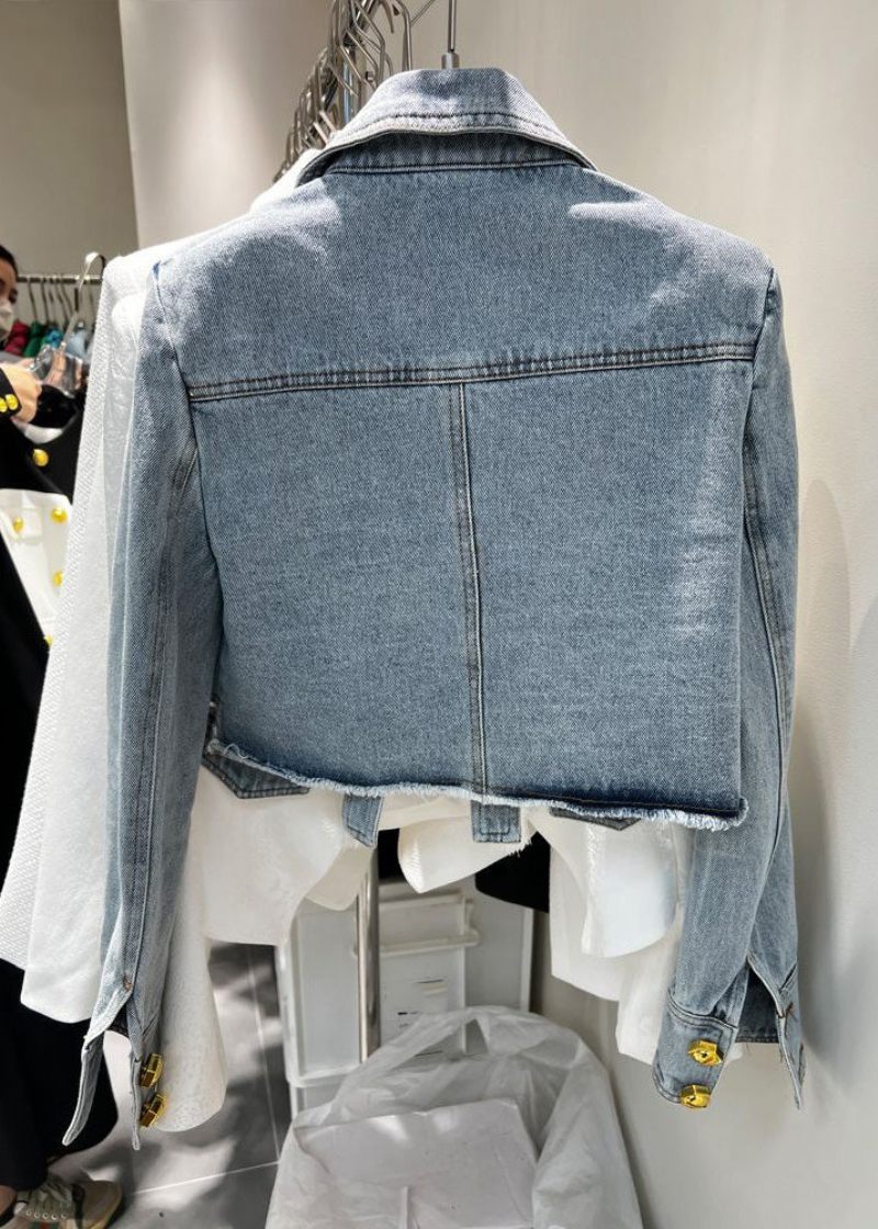 Nyhet Denim Blå Peter Pan Krage Patchwork Button Coats Långärmad - Vinterkappor för kvinnor