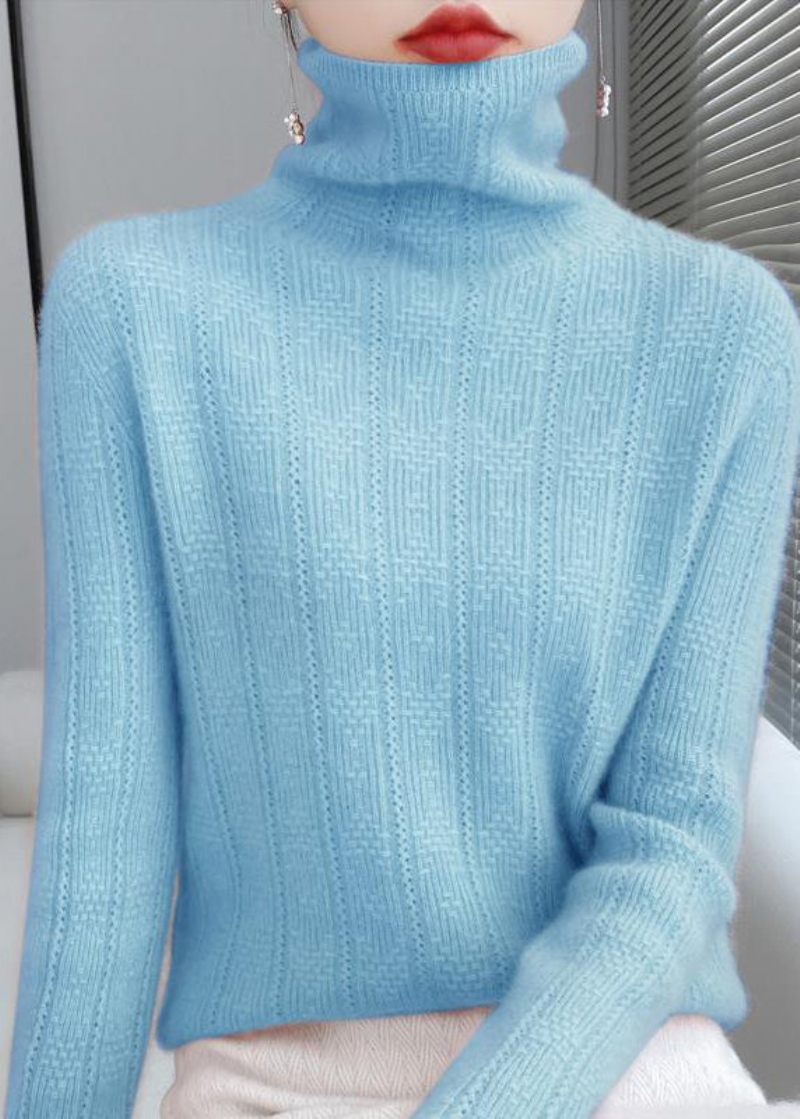 Nyhet Lake Blue Turtleneck Hollow Out Ull Stickade Tröjor Höst