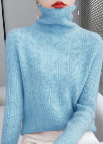 Nyhet Lake Blue Turtleneck Hollow Out Ull Stickade Tröjor Höst