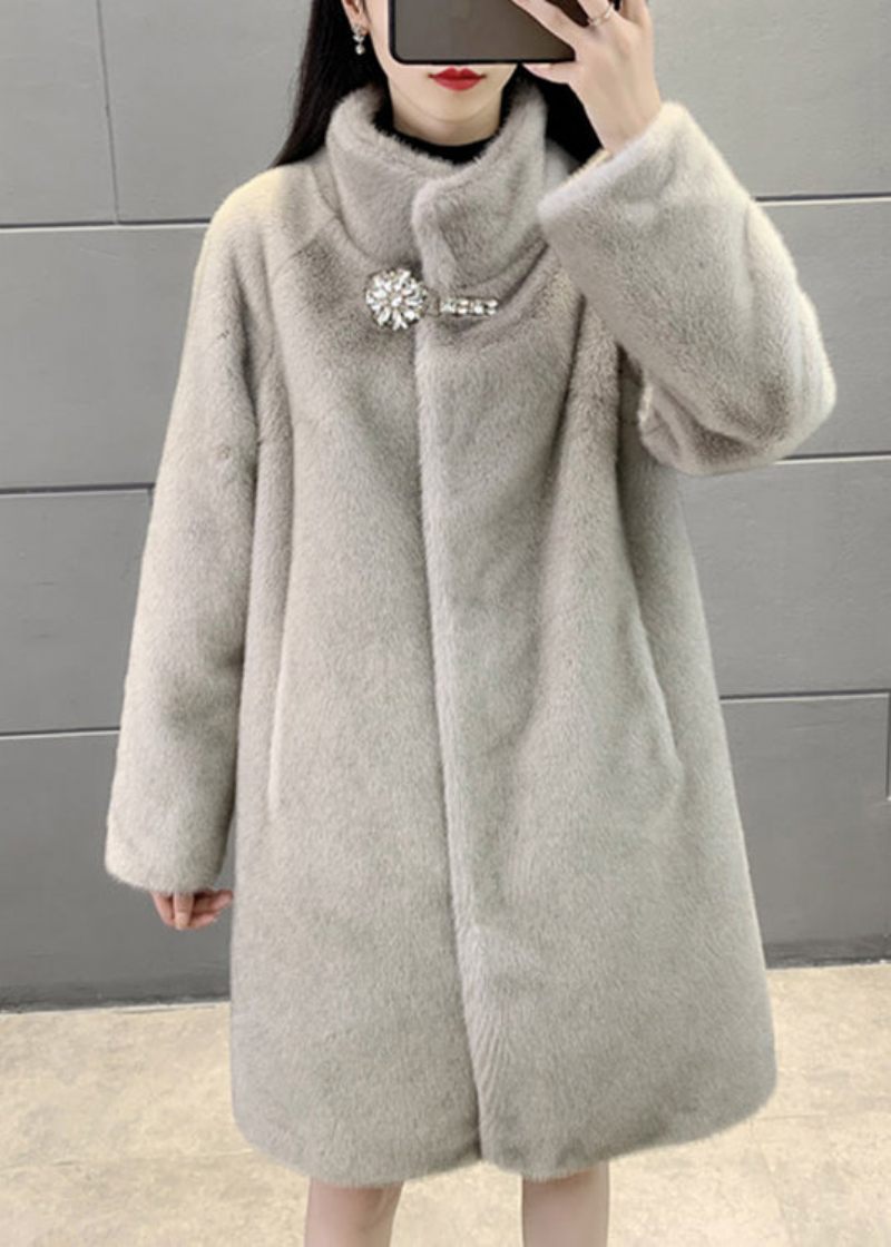 Nytt Grått Stativ Med Knappkrage Patchwork Fuzzy Fur Fluffy Coats Vinter - Vinterkappor för kvinnor