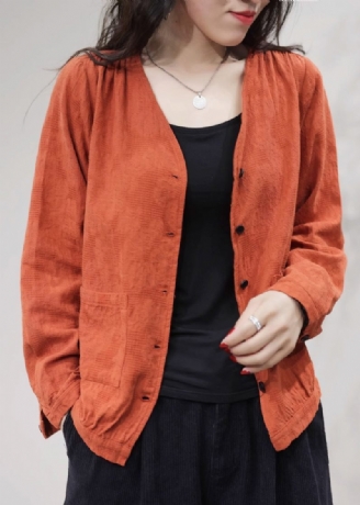 Orange Fickor Solid Cotton Coat Kappor V Neck Fall