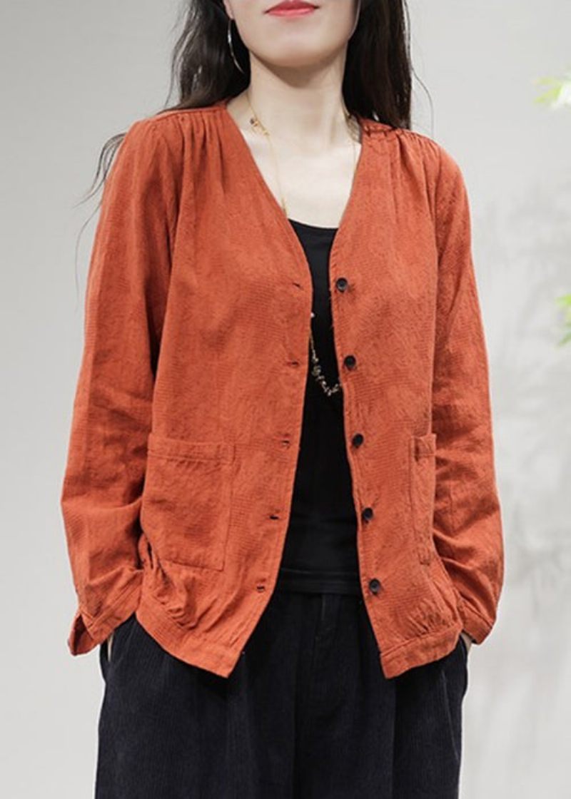 Orange Fickor Solid Cotton Coat Kappor V Neck Fall - Vinterkappor för kvinnor